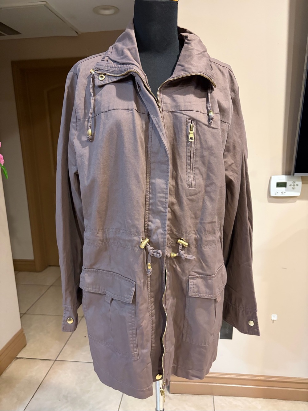 Miss London Lightweight Hooded Utility Jacket in Taupe